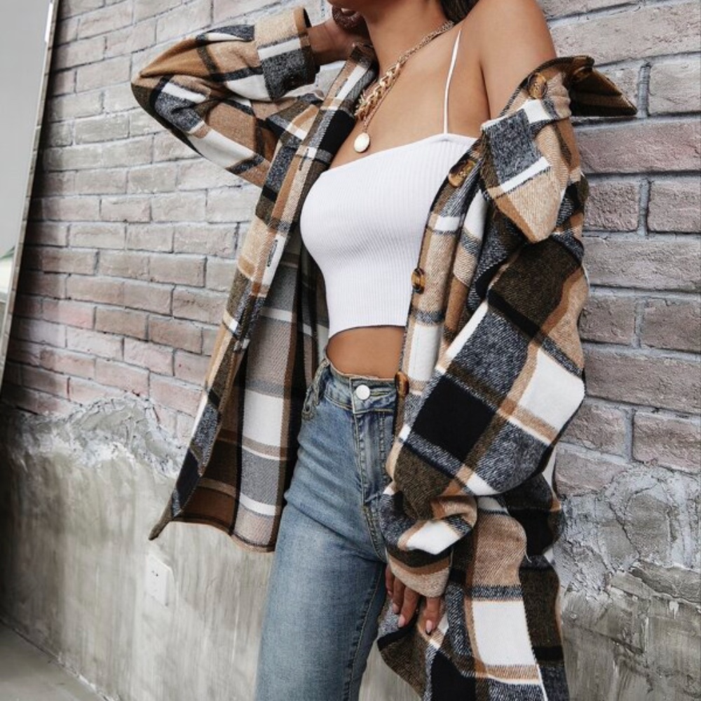 Black Tan Plaid Button up jacket Shacket Casual - Picture 4 of 4